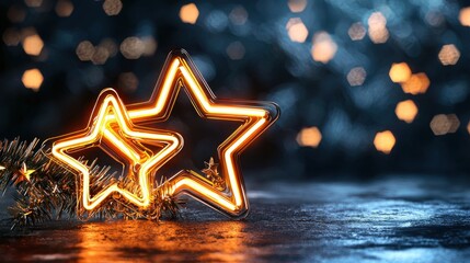 Poster - Glowing Star Shaped Christmas on Blurred Dark Background with Bokeh Lights