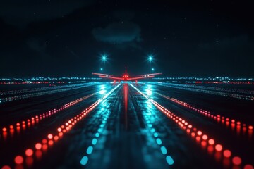 Fototapete - Airplane preparing for takeoff on illuminated runway at night with surrounding navigation lights. Generative AI