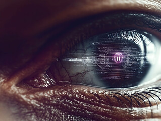 Poster - Closeup of a human eye reflecting a futuristic digital interface. Intricate detail showcases technological overlay, ideal for concepts of AI, technology, future, cyberspace, and augmented reality.