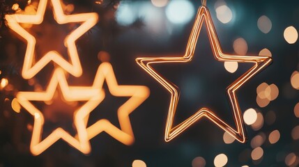 Poster - Shimmering Golden Star Lights Glowing in the Dark Night Sky with Bokeh Background