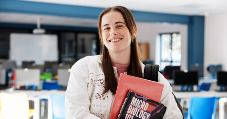 Aufkleber - books, college and portrait of woman in classroom for education, future and research thesis. scholar