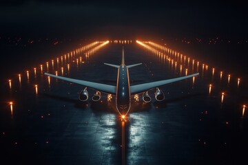 Wall Mural - Airplane on illuminated runway at night surrounded by bright navigation lights in a bustling airport atmosphere. Generative AI