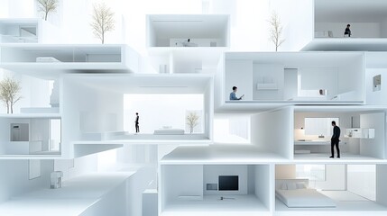Poster - A modern, abstract architectural design showcasing various living spaces and individuals engaged in activities