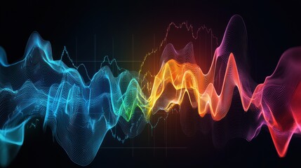 Poster - Vibrant Waveform Visualization with Neon Lights and Colorful Spectrum