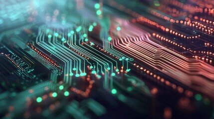 Poster - Closeup View of a Complex Electronic Circuit Board with Futuristic Digital Patterns