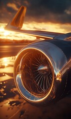 Poster - airplane wing and engine illuminated by vibrant sunset hues over the horizon. generative ai