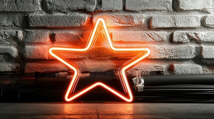 Poster - Luminous Neon Star Sign Shining on Brick Wall   Captivating Modern Home or Office Decor