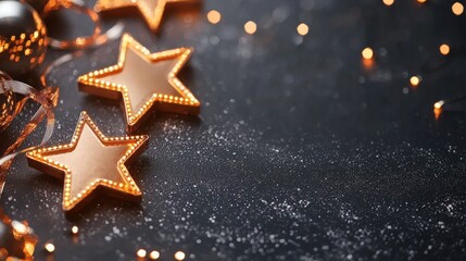 Poster - Glittering Golden Christmas Star on Dark Atmospheric Background with Bokeh Lights