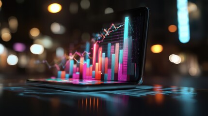Poster - Smartphone Displaying Colorful Charts and Graphs for Financial Data Analysis and Business Performance Monitoring in a Futuristic Urban Night Scene
