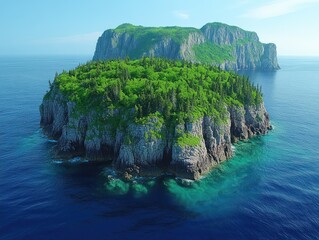 Two verdant islands rise from the deep blue ocean under a clear sky on a bright day