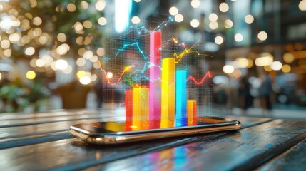 Poster - Colorful abstract digital data visualization dashboard with financial charts and graphs on smartphone screen