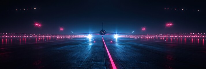Fototapete - Illuminated airplane on runway at night with bright navigation lights surrounding the takeoff area. Generative AI
