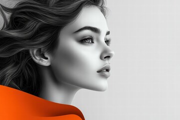 Poster - Elegant profile of a woman with flowing hair and bold orange fabric accentuating her features
