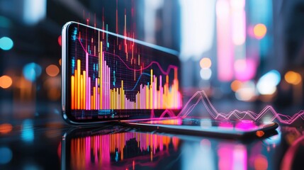 Poster - dynamic financial analytics and data visualization on laptop against vibrant city skyline