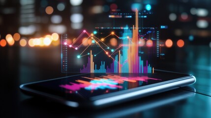 Poster - Futuristic Digital Dashboard with Holographic Financial Analytics and Market Charts on Smartphone Screen