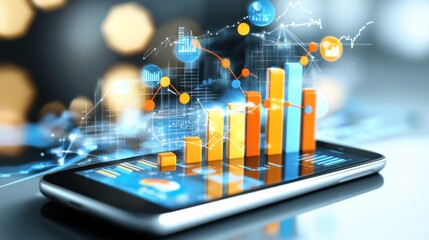 Poster - Mobile device displaying financial data analytics charts and graphs