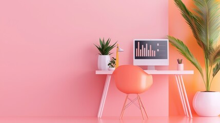 Poster - Minimalistic Home Office Workspace with Pink and Orange Decor