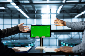 Poster - technicians in data center using chroma key green screen tablet, refining server virtualization stra