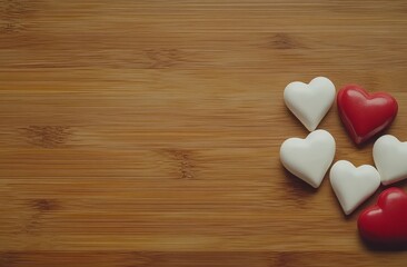 Wall Mural - red hearts on wooden background