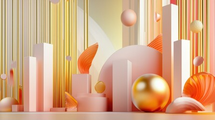 Poster - Abstract Minimal Geometric Shapes Spheres Cubes Arrangement Colorful Backdrop