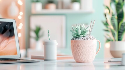 Poster - Cozy and Productive Home Office Desk Setup with Laptop Potted Succulent and Accessories