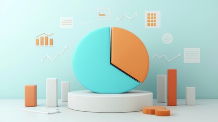 Poster - Minimalist 3D Geometric Pie Chart and Infographic on Pastel Green Background