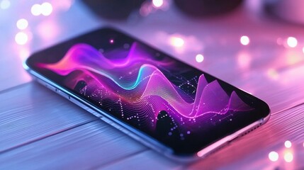 Poster - Vibrant Futuristic Mobile Phone Display with Neon Wavelike Patterns
