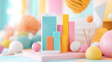 Poster - Colorful Geometric Abstract Composition with 3D Shapes and Pastel Tones in Minimalist Design