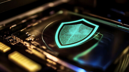 Poster - Closeup shot of a glowing digital shield icon projected onto a circuit board. Illustrates concepts of cybersecurity, data protection, and technological security.