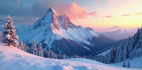 Wall Mural - Winter morning light casts a warm glow on the snowy mountain, warm, icy, peaks