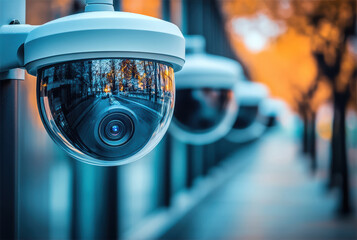 Poster - Surveillance cameras monitoring urban street activity in autumn sunlight