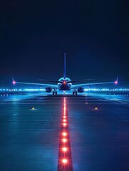 Fototapete - Airplane located on illuminated runway surrounded by navigation lights at night. Generative AI