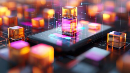Poster - futuristic digital 3d geometric shapes and glowing neon cube pattern background