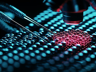 Poster - Microscopic view of vibrant spheres scientific research concept. Perfect for illustrating nanotechnology, biotechnology, or medical breakthroughs. Highquality image with dramatic lighting.