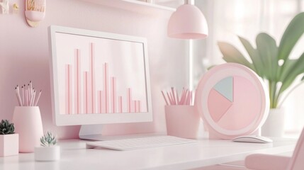 Poster - Elegant Feminine Workspace with Modern Digital Display and Pastel Accessories
