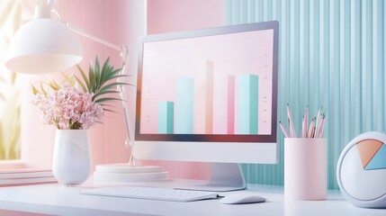 Poster - Elegant Pastel Workspace with Digital Analytics and Minimalist Decor