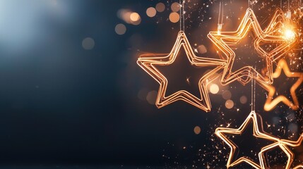 Poster - Glowing Star Shaped Ornaments Hanging in the Night Sky with Twinkling Bokeh Lights