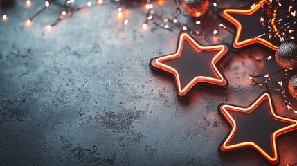 Poster - Glowing Neon Star on Dark Background with Holiday Lighting