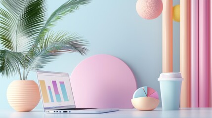 Poster - Minimalist Home Office Setup with Pastel Decor and Geometric Accents