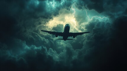 Poster - Airplane navigates through turbulent storm clouds amid lightning and strong winds during a challenging flight. Generative AI