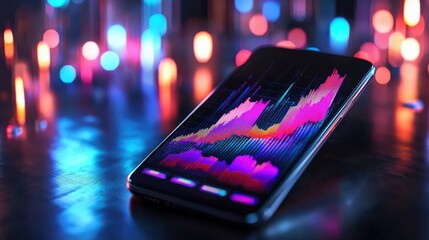 Poster - Futuristic Neon Lights Glowing on Dark Urban Cityscape Background with Vibrant Abstract Patterns on Smartphone Screen