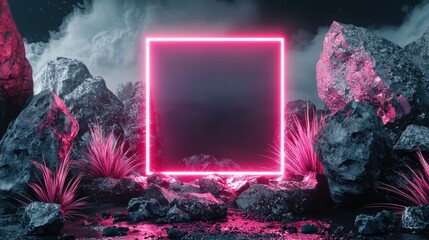 Poster - Glowing Geometric Neon Frame in Misty Mountainous Landscape