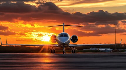 Poster - Stunning airplane silhouette against a golden sunset casting warm hues over the horizon at a quiet airport. Generative AI