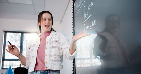 Aufkleber - Education, woman and student by board in classroom explaining science equation at college. Revision, lecture and female person writing physics research for university exam, test or assignment.