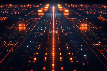 Fototapete - Airplane landing on illuminated runway at night surrounded by vibrant navigation lights. Generative AI