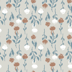 Wall Mural - Seamless pattern with hand drawn flowers and leaves. Loose botanical repeat background. Rough florals wallpaper.