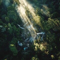 Aufkleber - Dense forest covering airplane debris in clearing with sun rays filtering through trees. Generative AI