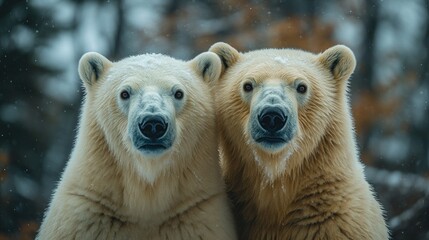 Wall Mural - two polar bears face forward with snow on their fur in a snowy forest background