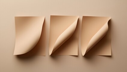Poster - Minimalist composition of three beige paper sheets with curled corners, arranged horizontally on a beige background, creating an elegant abstract visual with soft shadows