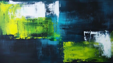 Poster - Large abstract painting featuring broad brushstrokes of vibrant green, white, and teal against a dark background, creating a dynamic and textured composition